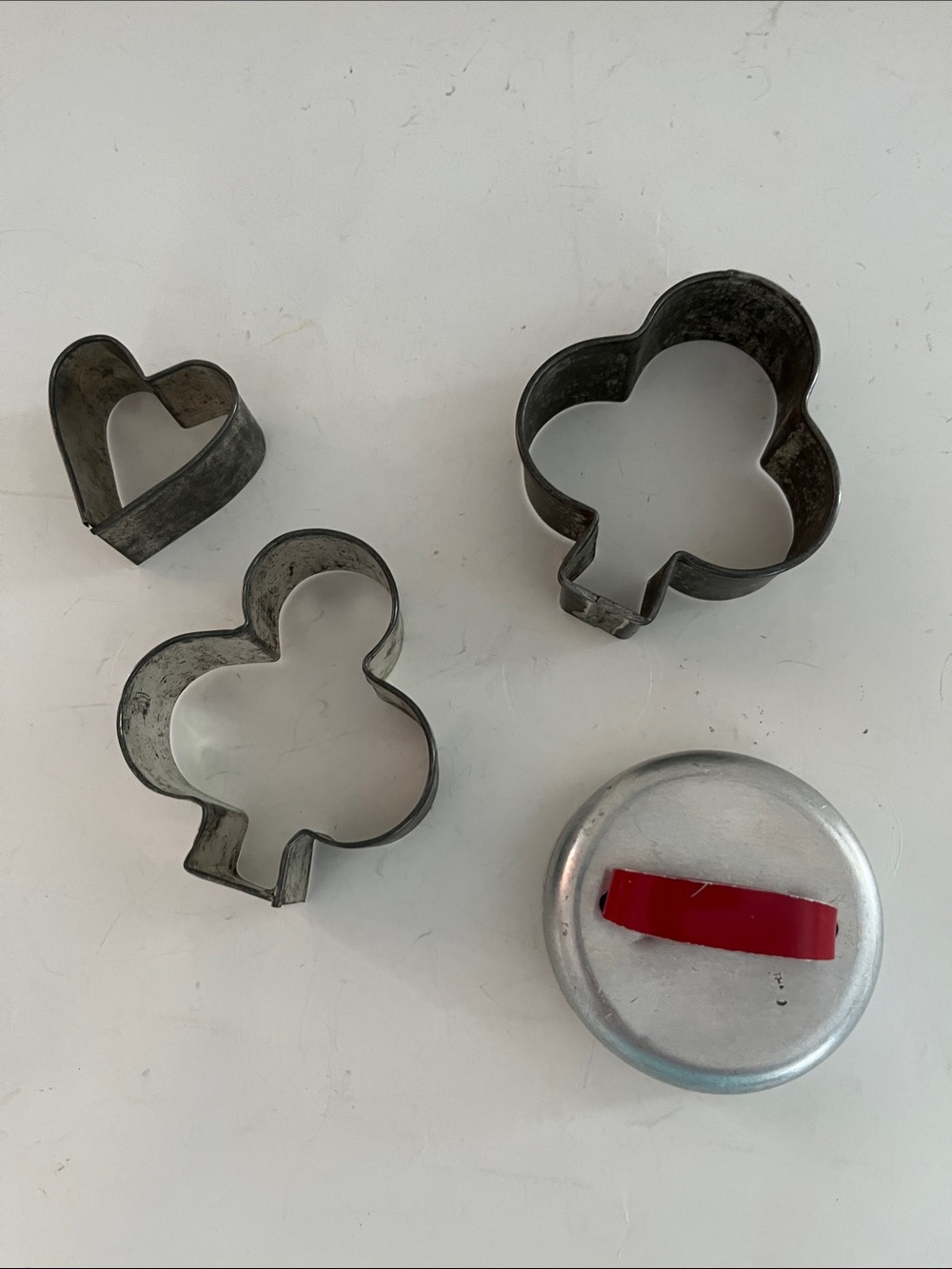Vintage Metal Club & Heart Cookie Cutter Set with red handled biscuit cutter